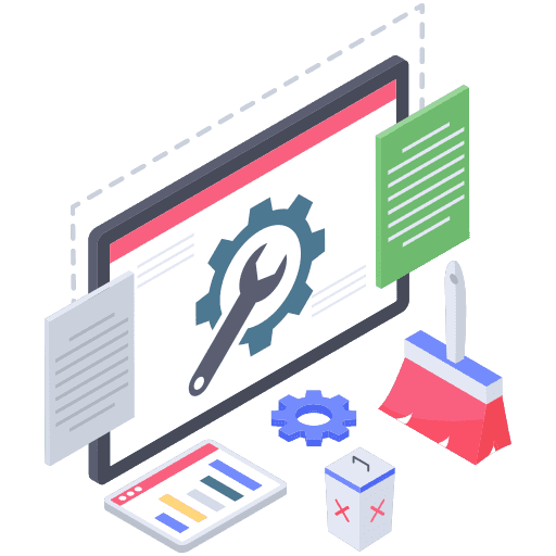 doodle with screens and technical items like tabs, cogs and charts